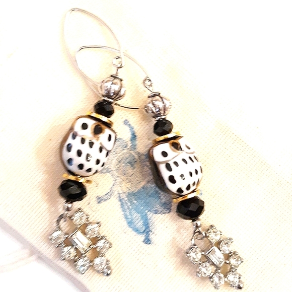 Ceramic Owl & Vintage Rhinestone Drop Earrings NWT - Picture 3 of 9